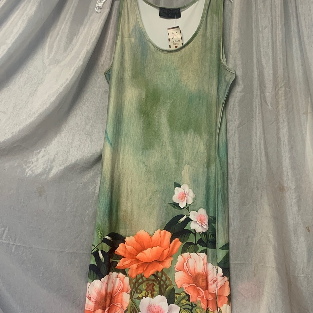 Green Floral Maxi Dress with Coral Bloom Accents